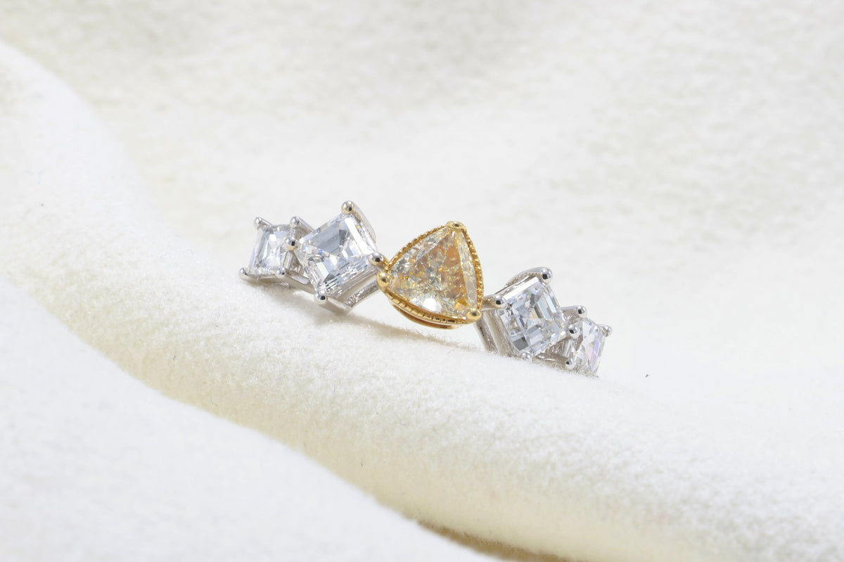 Fancy Yellow Trillion & Asscher Diamond Ring in 18K white gold — view 11