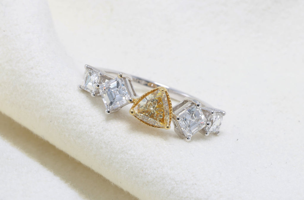 Fancy Yellow Trillion & Asscher Diamond Ring in 18K white gold — view 12