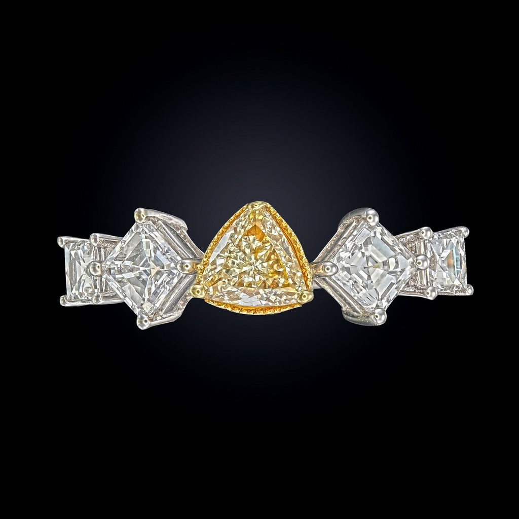 Fancy Yellow Trillion & Asscher Diamond Ring in 18K white gold — view 13