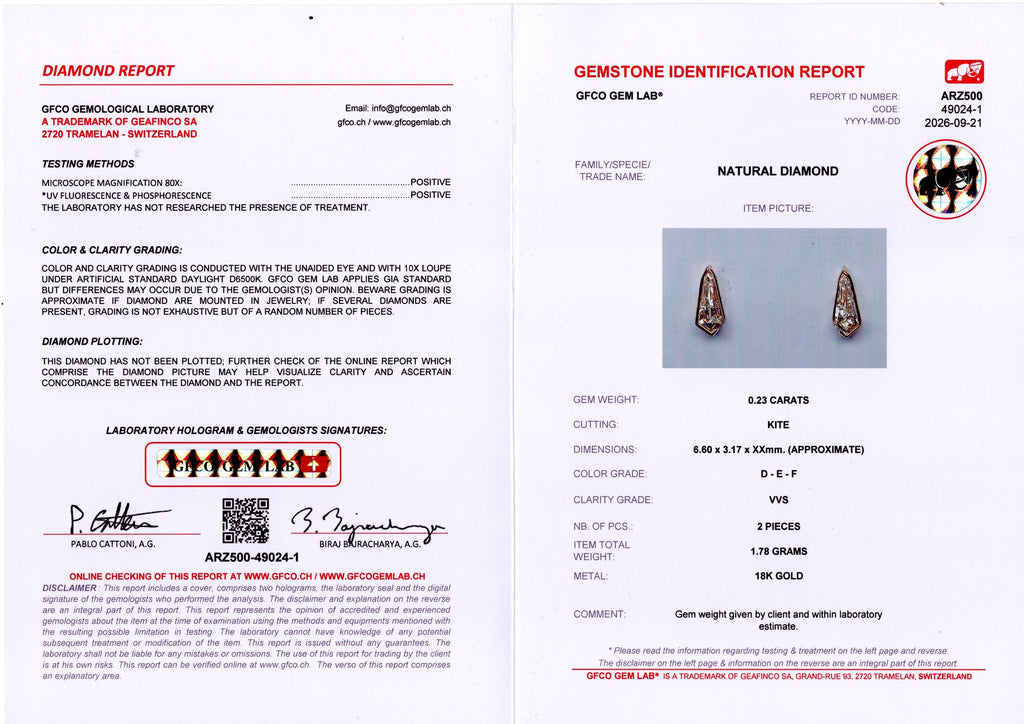 Kite Diamond Stud Earrings — GFCO laboratory report