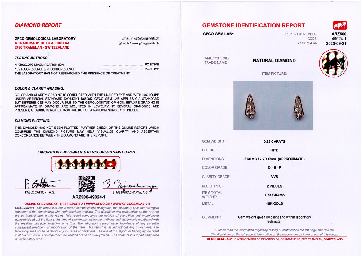 Kite Diamond Stud Earrings — GFCO laboratory report