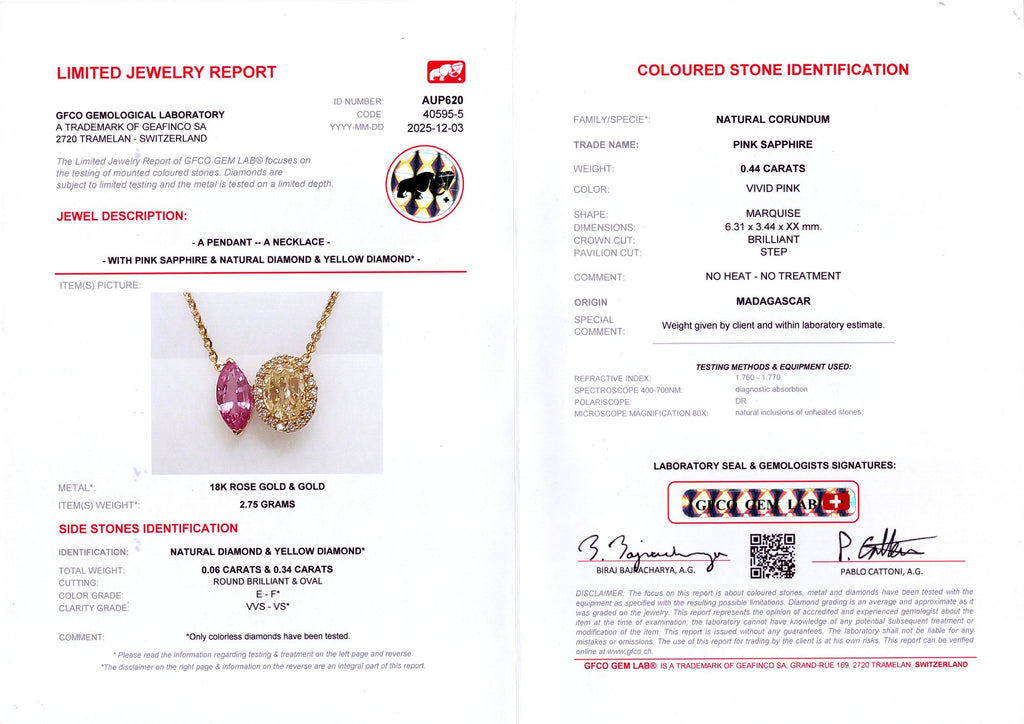 Marquise Pink Sapphire & Yellow Diamond Toi et Moi Pendant — GFCO laboratory report