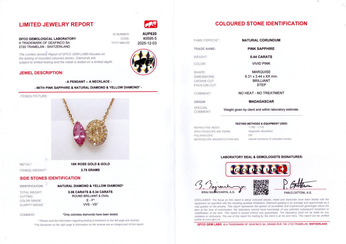 Marquise Pink Sapphire & Yellow Diamond Toi et Moi Pendant — GFCO laboratory report