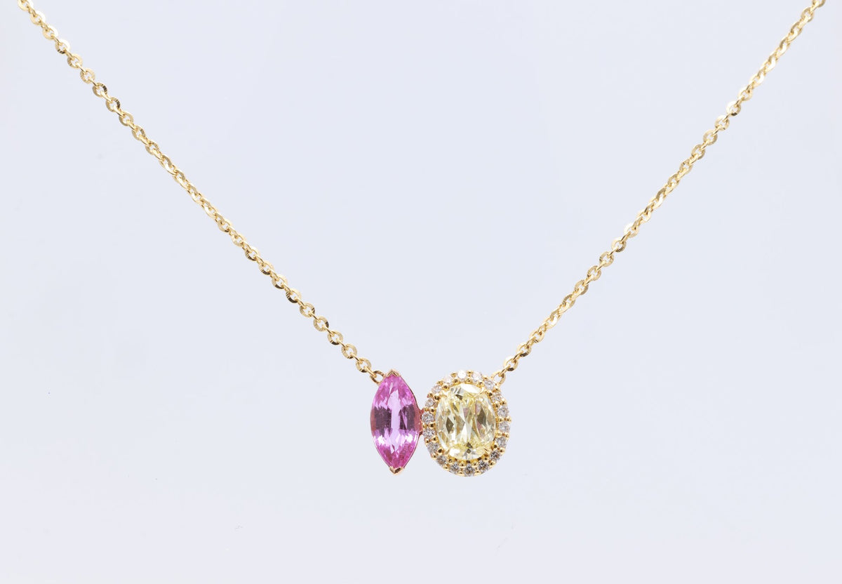 Marquise Pink Sapphire & Yellow Diamond Toi et Moi Pendant in 18K yellow gold — view 2