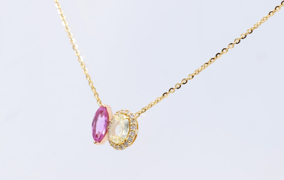 Marquise Pink Sapphire & Yellow Diamond Toi et Moi Pendant in 18K yellow gold — view 3