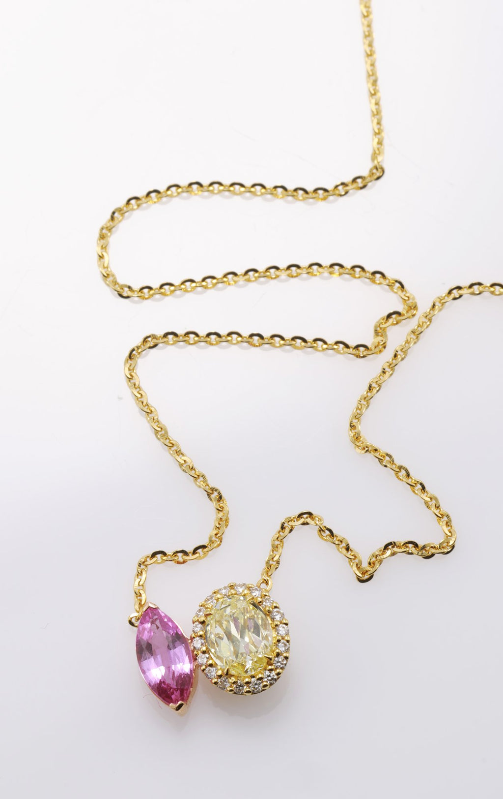 Marquise Pink Sapphire & Yellow Diamond Toi et Moi Pendant in 18K yellow gold — view 4