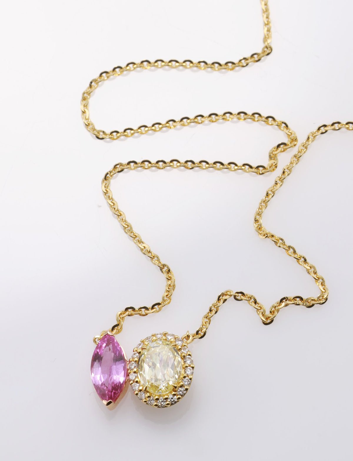Marquise Pink Sapphire & Yellow Diamond Toi et Moi Pendant in 18K yellow gold — view 5