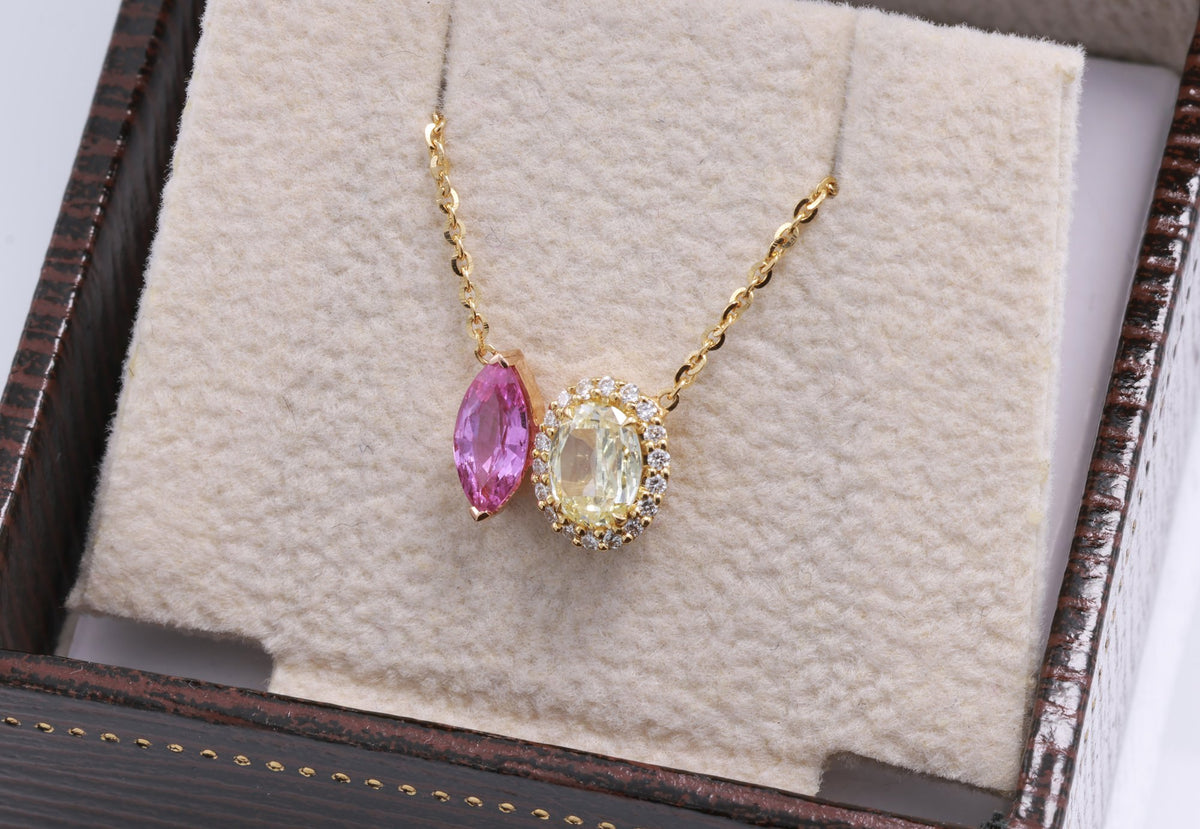 Marquise Pink Sapphire & Yellow Diamond Toi et Moi Pendant in 18K yellow gold — view 6