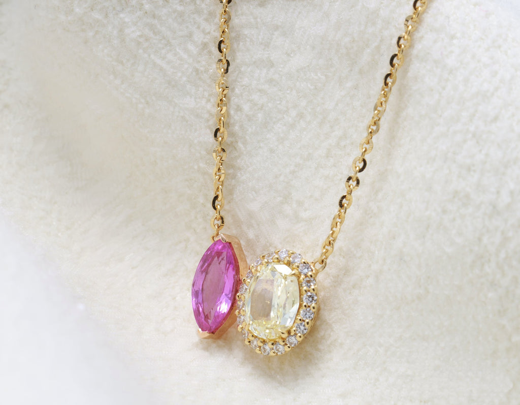 Marquise Pink Sapphire & Yellow Diamond Toi et Moi Pendant in 18K yellow gold — view 7