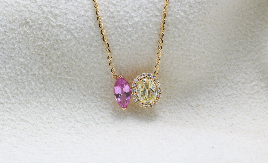 Marquise Pink Sapphire & Yellow Diamond Toi et Moi Pendant in 18K yellow gold — view 8
