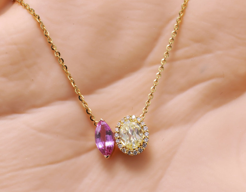 Marquise Pink Sapphire & Yellow Diamond Toi et Moi Pendant in 18K yellow gold — view 9