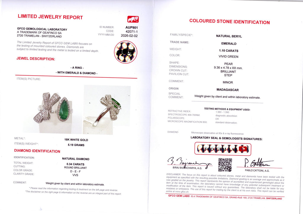 Pear Emerald & Diamond Bow Ring — GFCO laboratory report