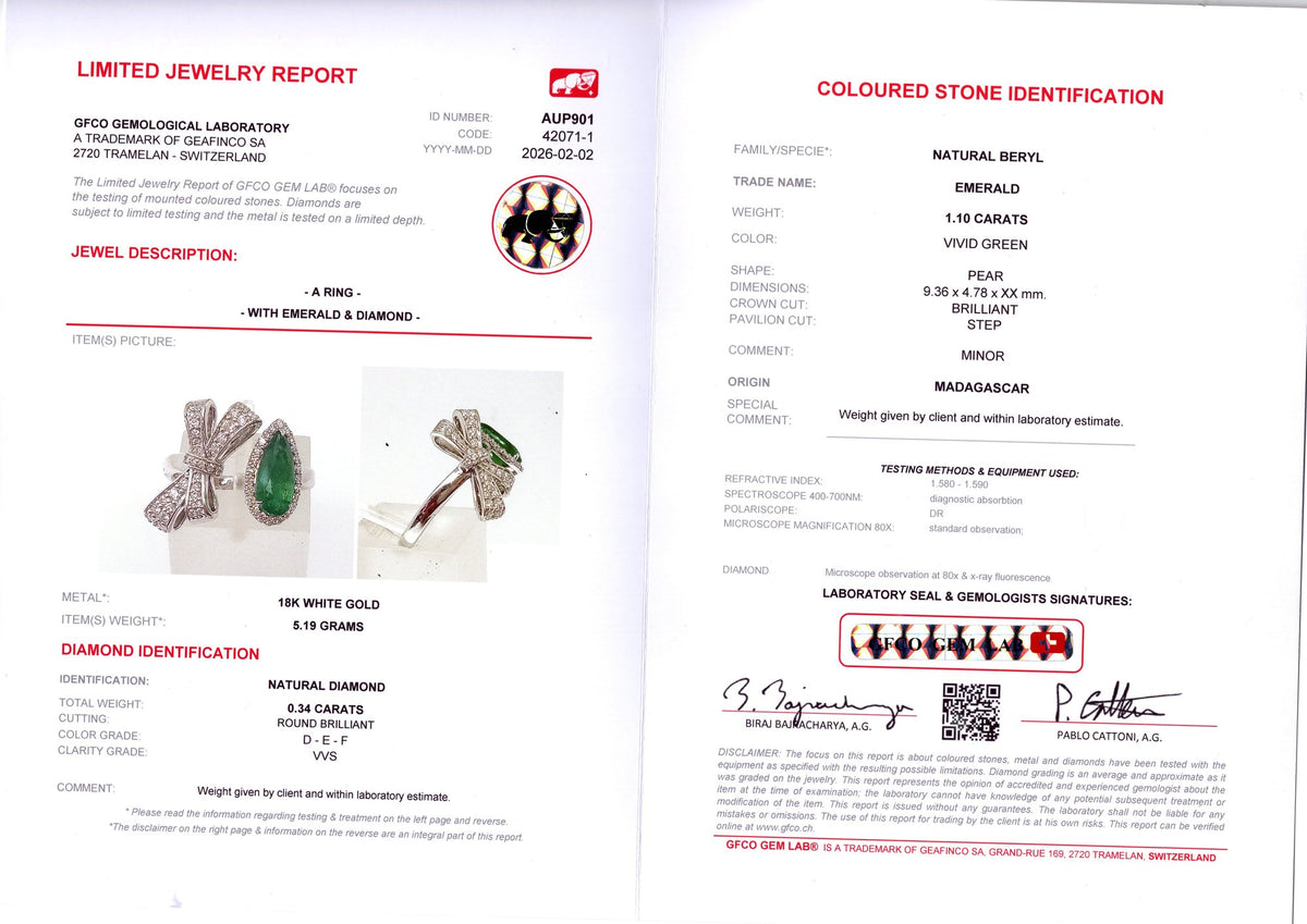 Pear Emerald & Diamond Bow Ring — GFCO laboratory report