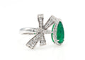 Pear Emerald & Diamond Bow Ring in 18K white gold — view 1