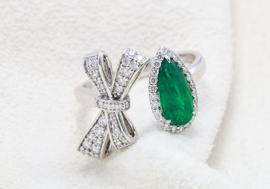 Pear Emerald & Diamond Bow Ring in 18K white gold — view 2