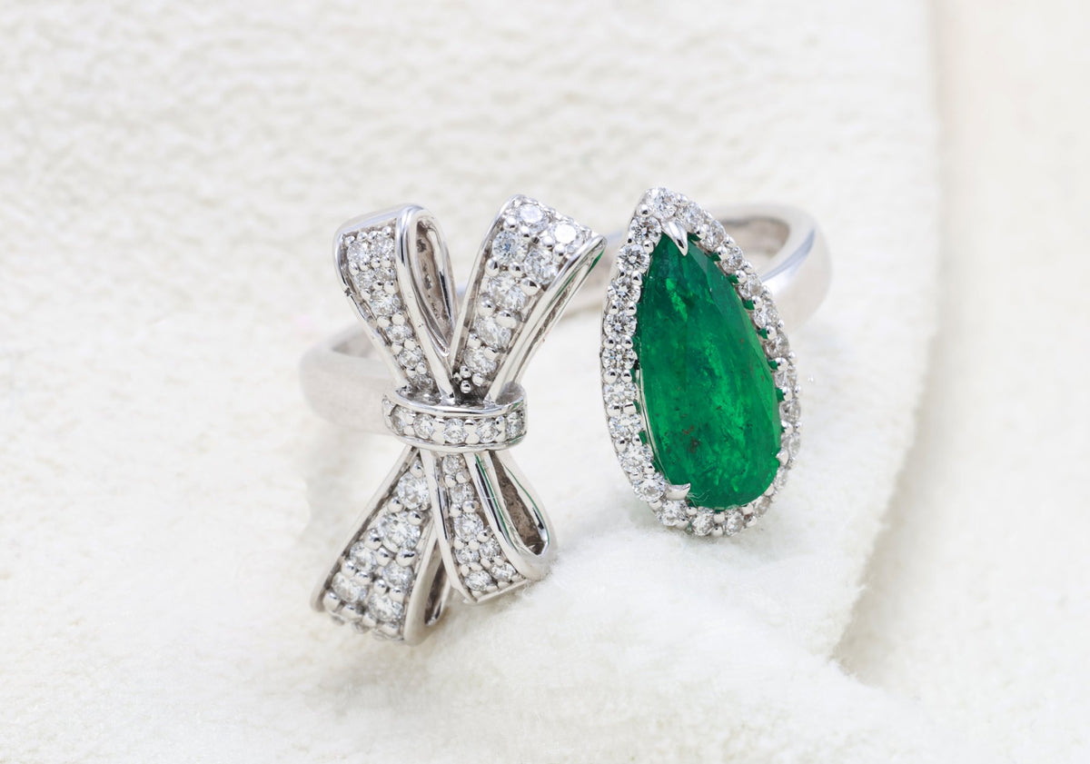 Pear Emerald & Diamond Bow Ring in 18K white gold — view 2