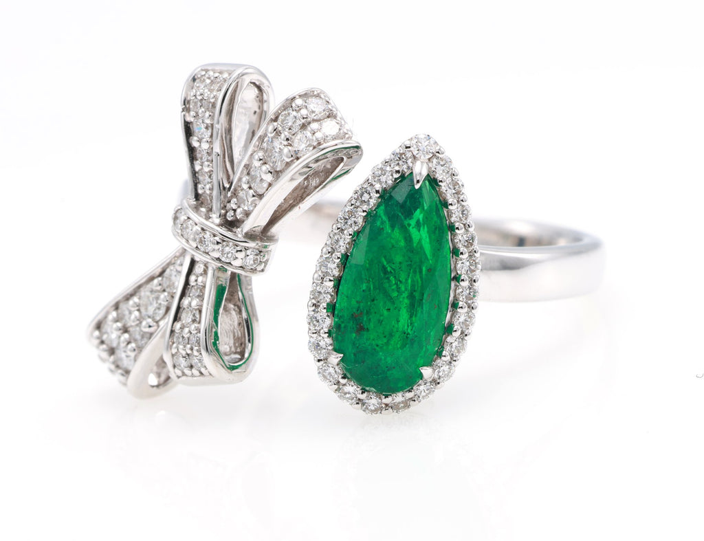 Pear Emerald & Diamond Bow Ring in 18K white gold — view 3