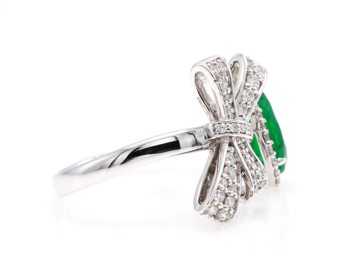 Pear Emerald & Diamond Bow Ring in 18K white gold — view 4