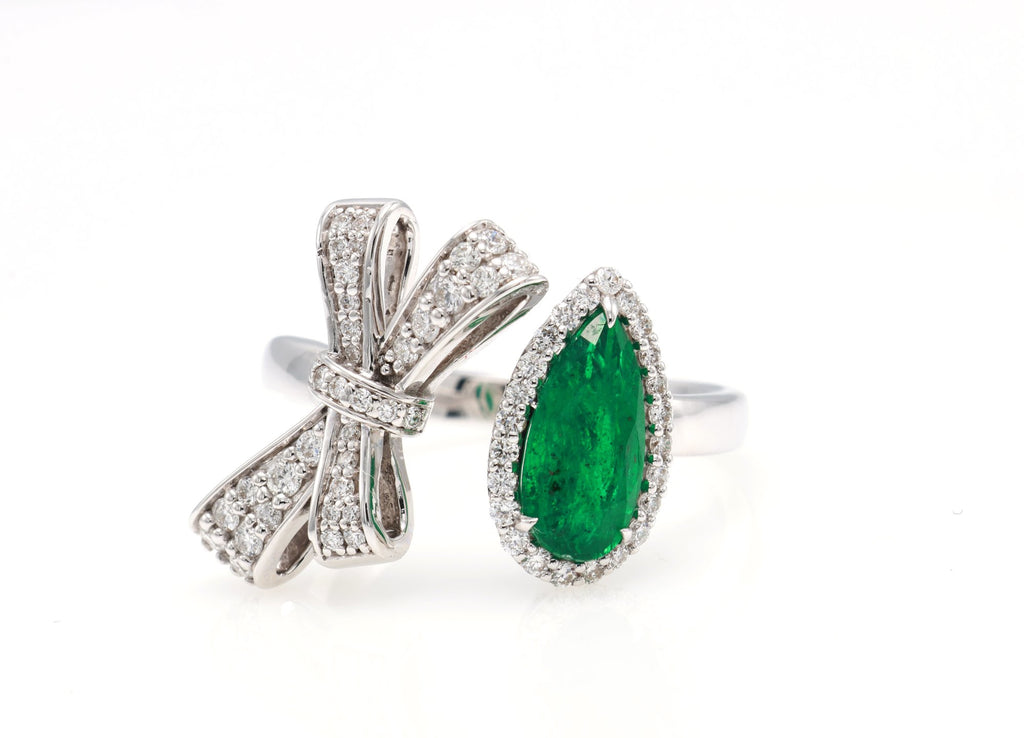 Pear Emerald & Diamond Bow Ring in 18K white gold — view 5