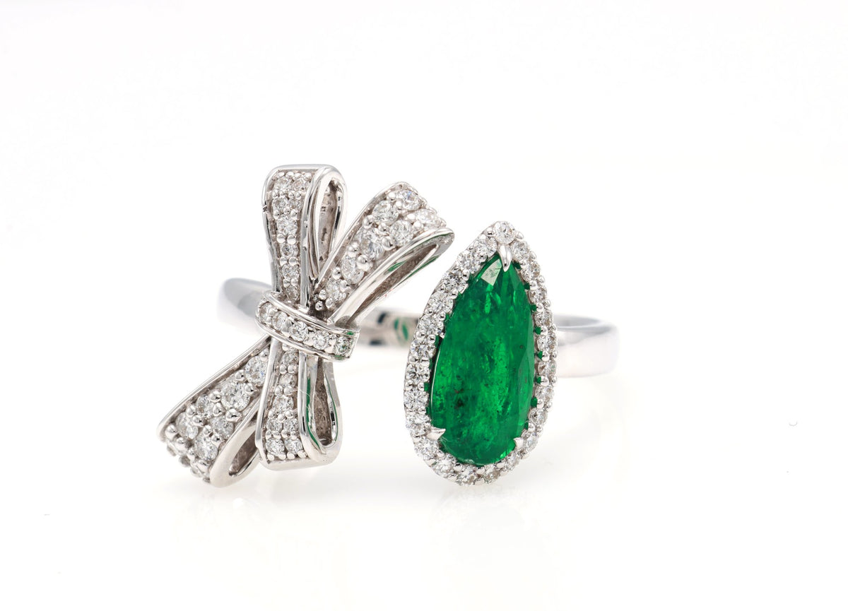 Pear Emerald & Diamond Bow Ring in 18K white gold — view 5