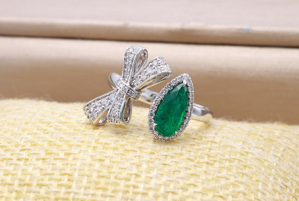 Pear Emerald & Diamond Bow Ring in 18K white gold — view 6