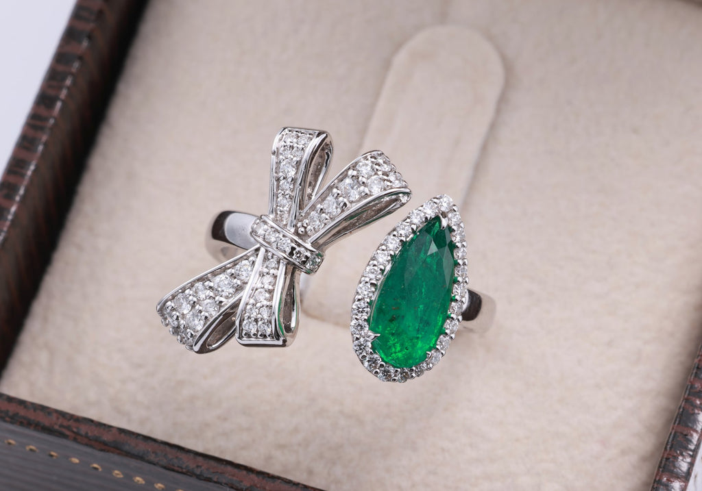Pear Emerald & Diamond Bow Ring in 18K white gold — view 7