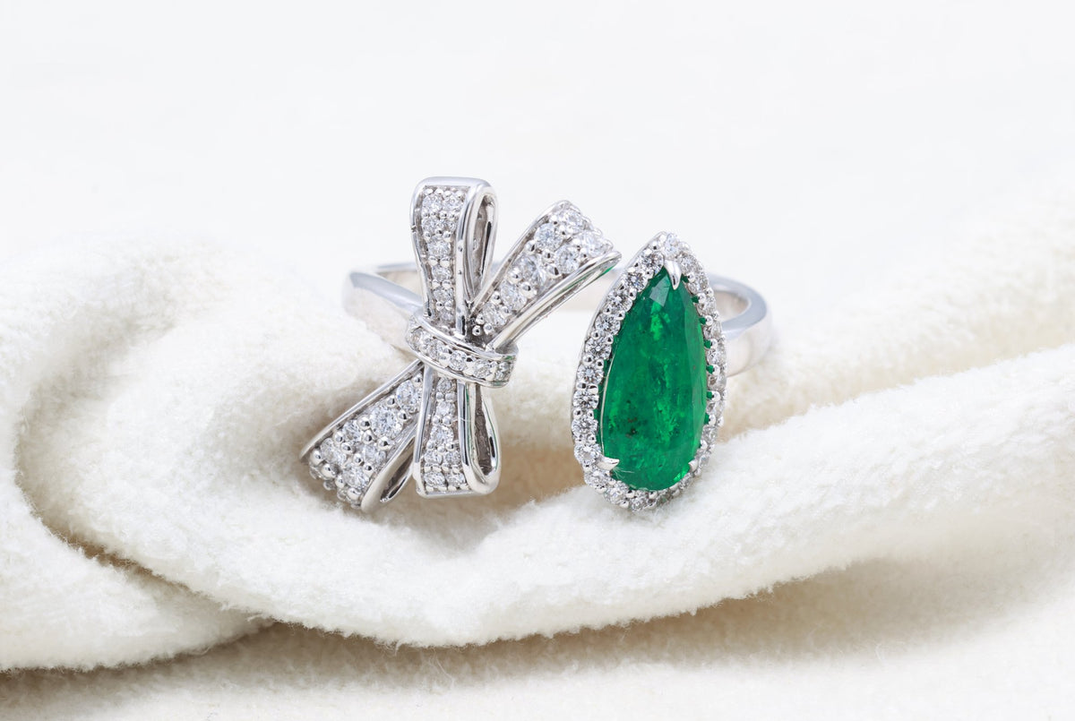 Pear Emerald & Diamond Bow Ring in 18K white gold — view 8
