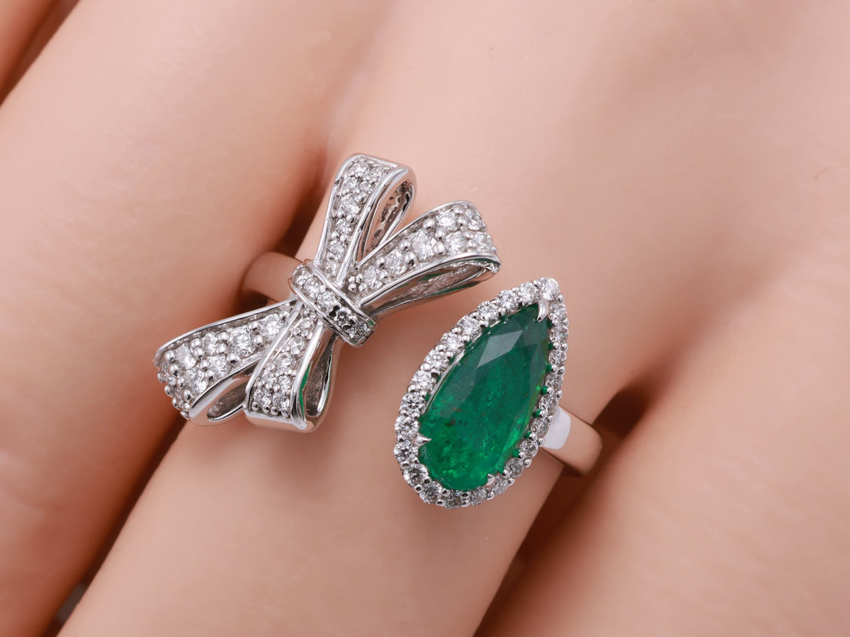 Pear Emerald & Diamond Bow Ring in 18K white gold — view 9
