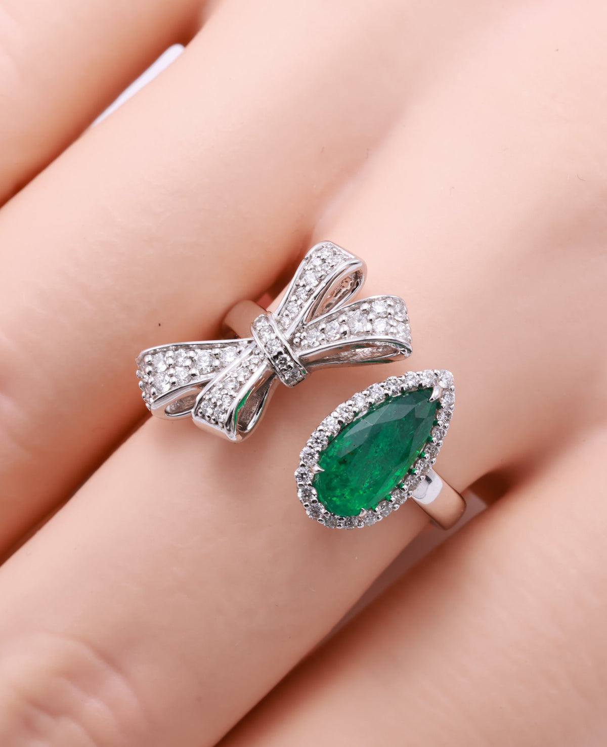 Pear Emerald & Diamond Bow Ring in 18K white gold — view 10