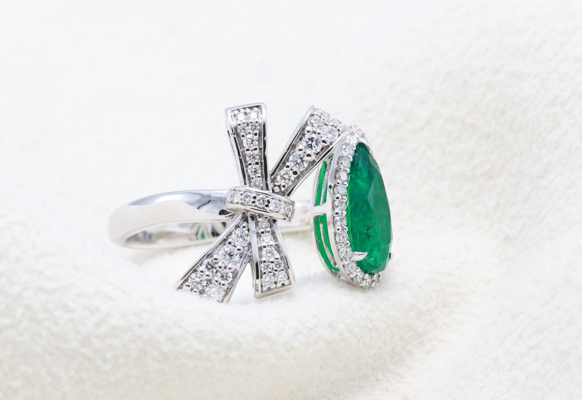 Pear Emerald & Diamond Bow Ring in 18K white gold — view 11