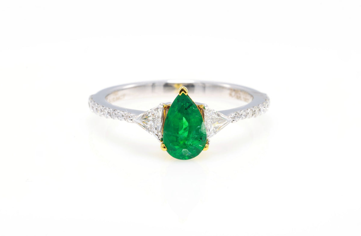Pear Emerald & Triangle Diamond Ring in 18K white gold — view 4