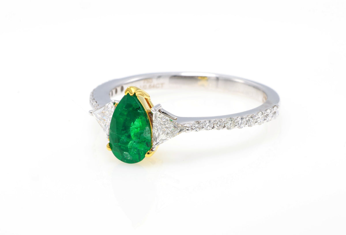 Pear Emerald & Triangle Diamond Ring in 18K white gold — view 5