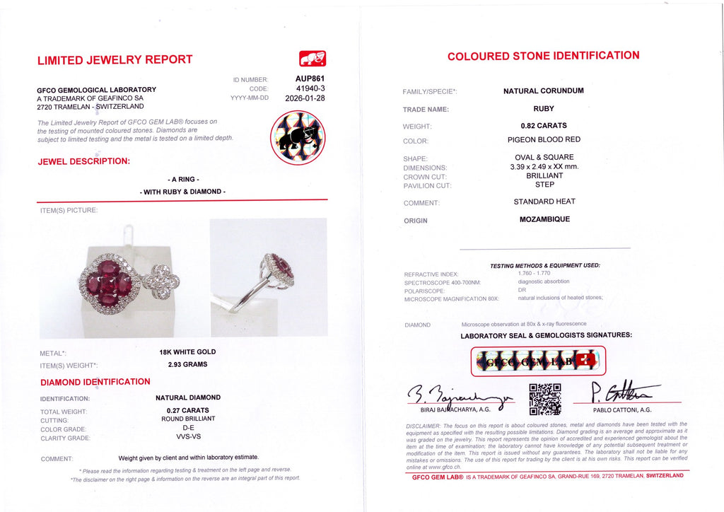 Pigeon Blood Ruby Clover Halo & Diamond Flower Open Ring — GFCO laboratory report