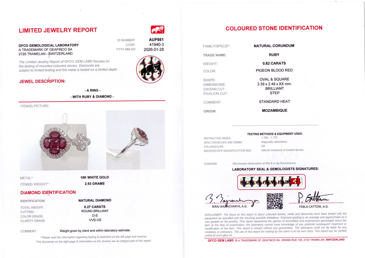 Pigeon Blood Ruby Clover Halo & Diamond Flower Open Ring — GFCO laboratory report