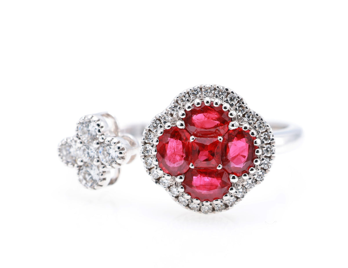 Pigeon Blood Ruby Clover Halo & Diamond Flower Open Ring in 18K white gold — view 1
