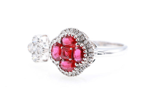 Pigeon Blood Ruby Clover Halo & Diamond Flower Open Ring in 18K white gold — view 2