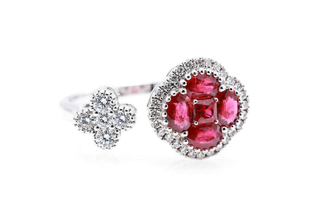 Pigeon Blood Ruby Clover Halo & Diamond Flower Open Ring in 18K white gold — view 3