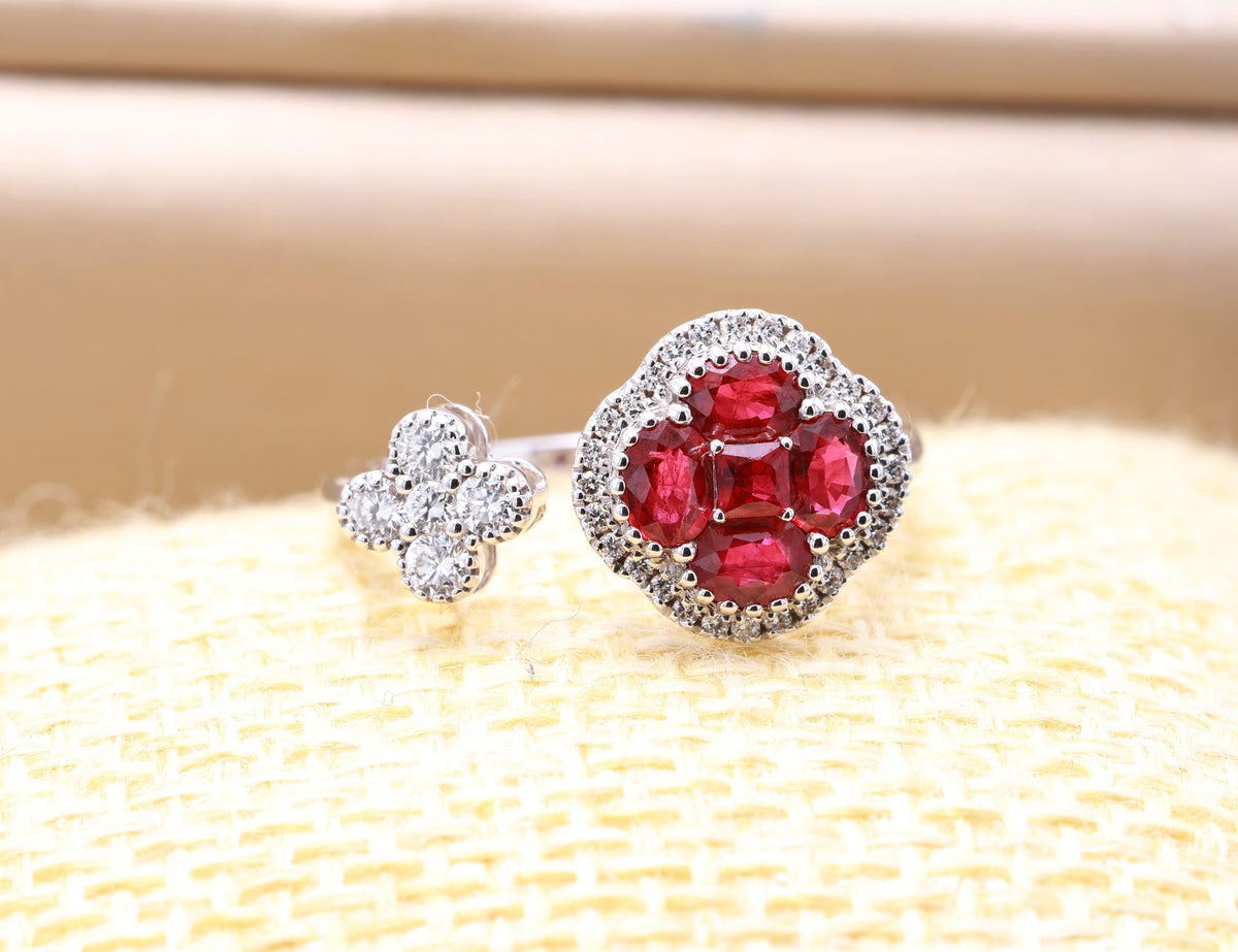 Pigeon Blood Ruby Clover Halo & Diamond Flower Open Ring in 18K white gold — view 4