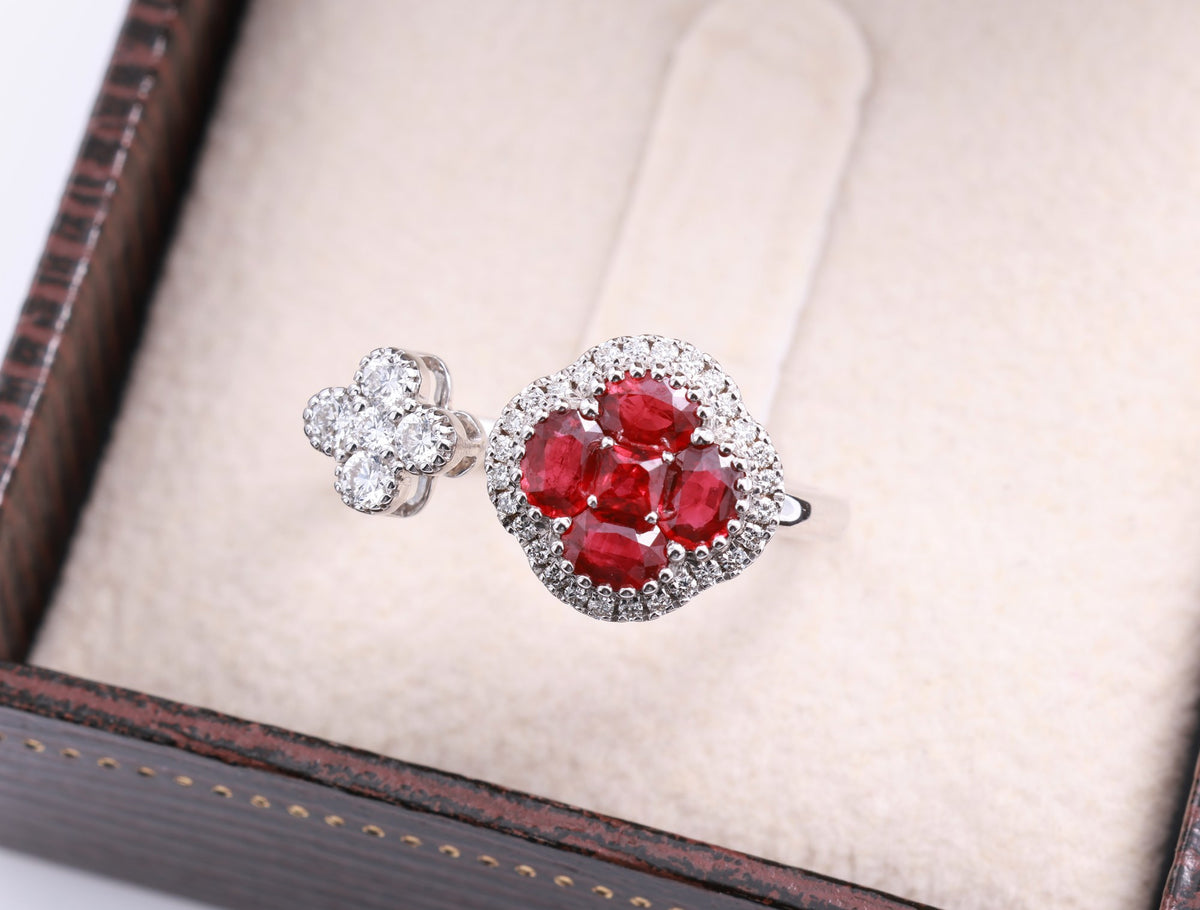 Pigeon Blood Ruby Clover Halo & Diamond Flower Open Ring in 18K white gold — view 5