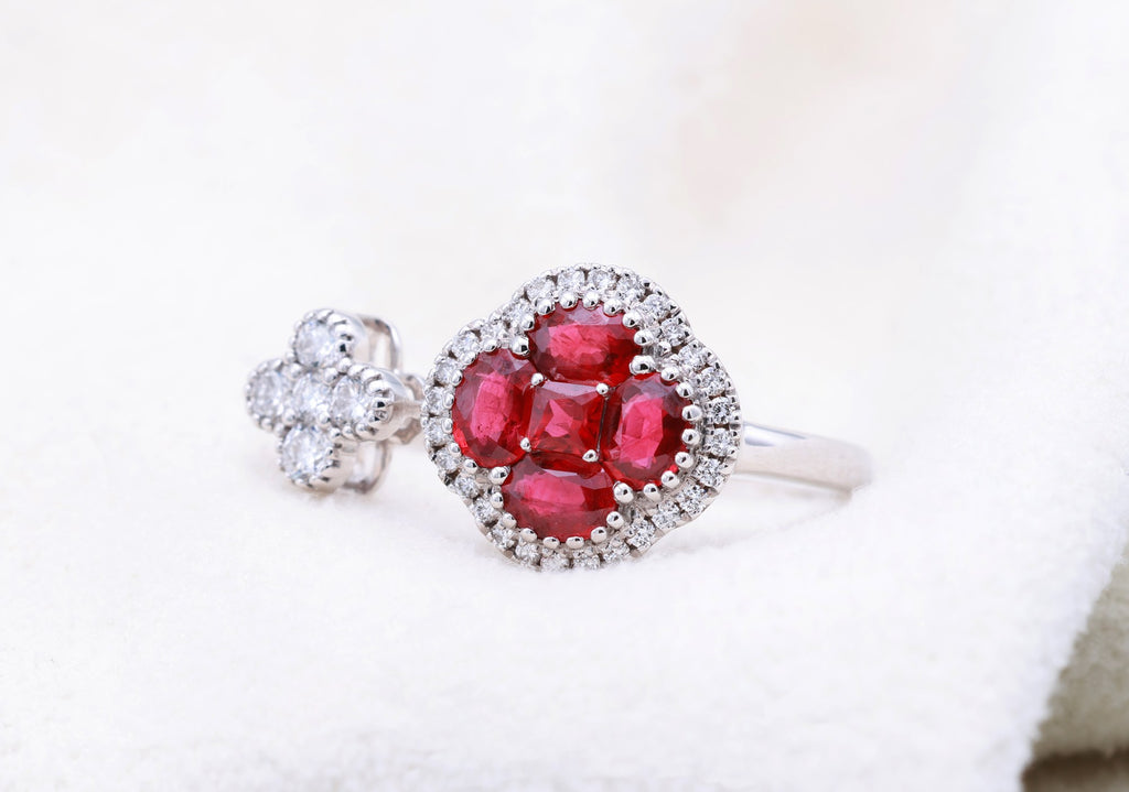 Pigeon Blood Ruby Clover Halo & Diamond Flower Open Ring in 18K white gold — view 6