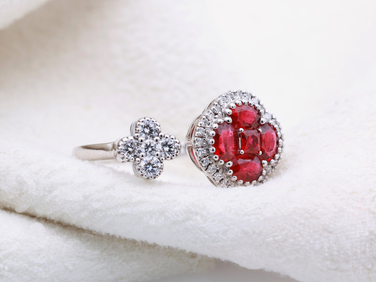 Pigeon Blood Ruby Clover Halo & Diamond Flower Open Ring in 18K white gold — view 7