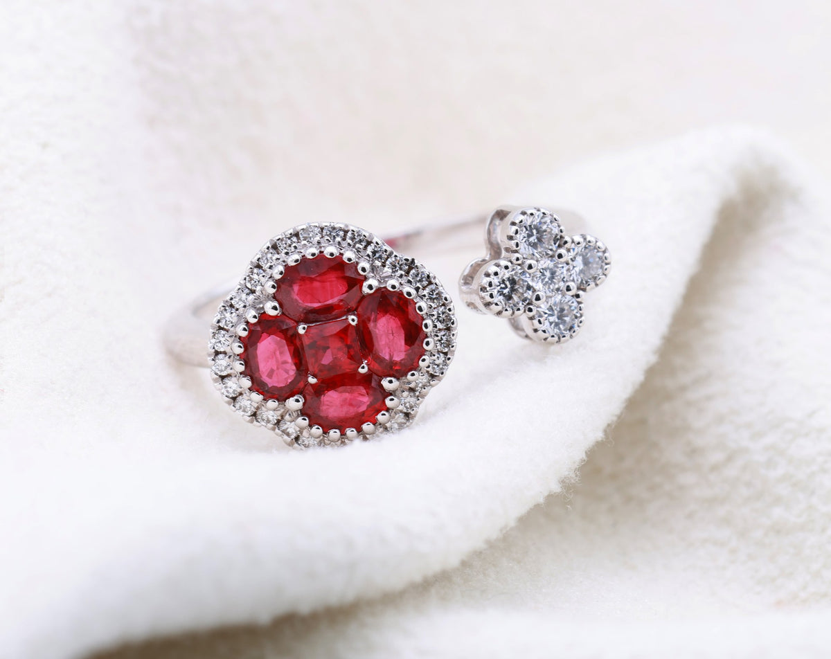 Pigeon Blood Ruby Clover Halo & Diamond Flower Open Ring in 18K white gold — view 8