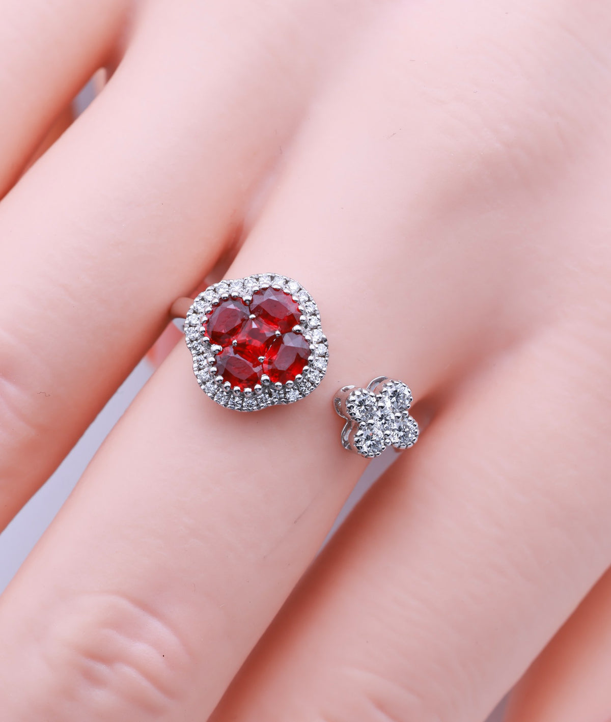 Pigeon Blood Ruby Clover Halo & Diamond Flower Open Ring in 18K white gold — view 9