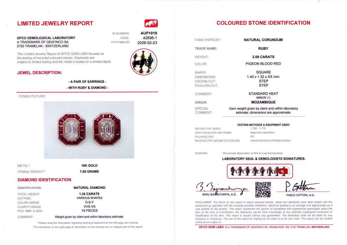 Pigeon Blood Ruby & Illusion Diamond Earrings — GFCO laboratory report