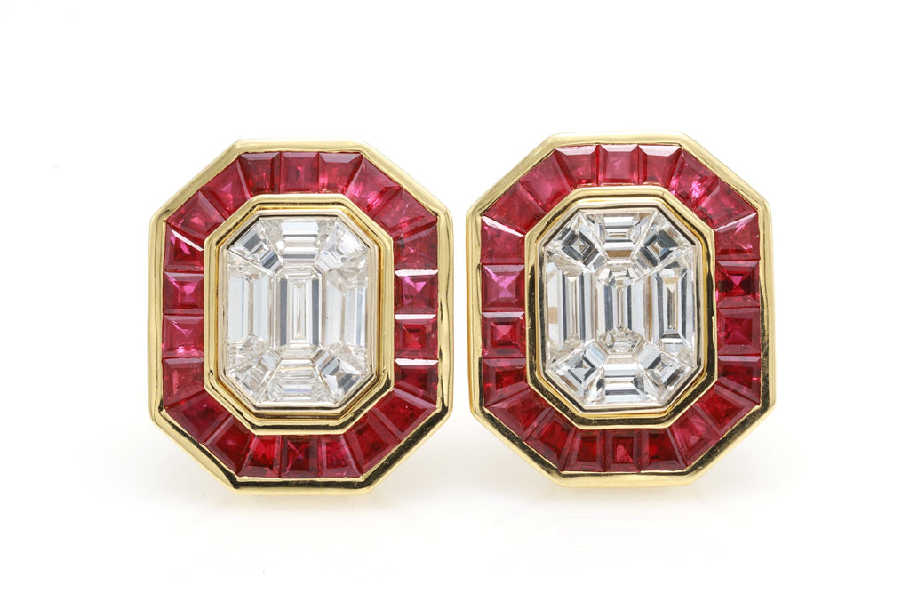 Pigeon Blood Ruby & Illusion Diamond Earrings in 18K yellow gold — view 1