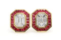 Pigeon Blood Ruby & Illusion Diamond Earrings in 18K yellow gold — view 1