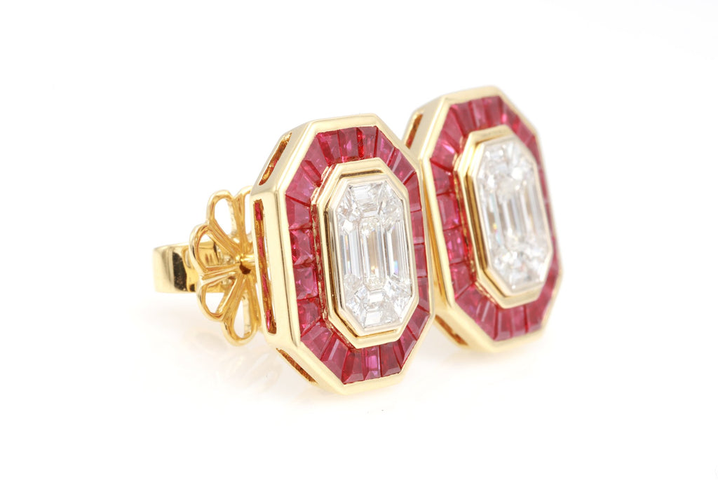 Pigeon Blood Ruby & Illusion Diamond Earrings in 18K yellow gold — view 2
