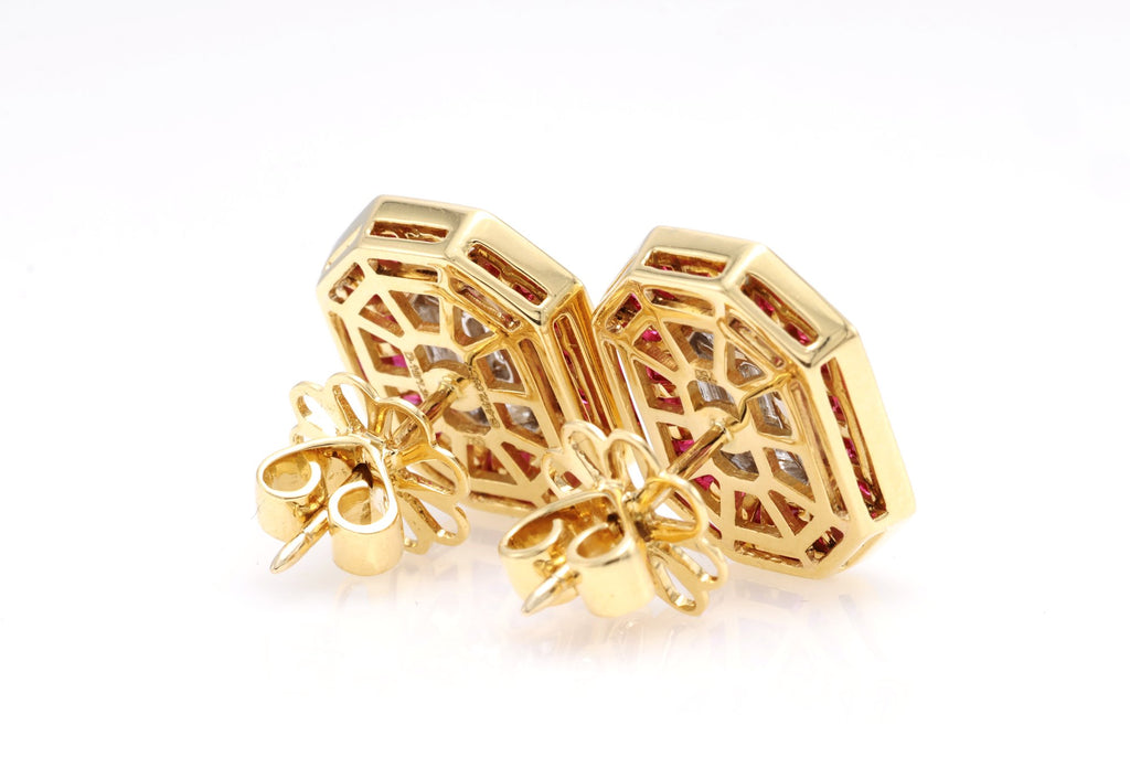 Pigeon Blood Ruby & Illusion Diamond Earrings in 18K yellow gold — view 3