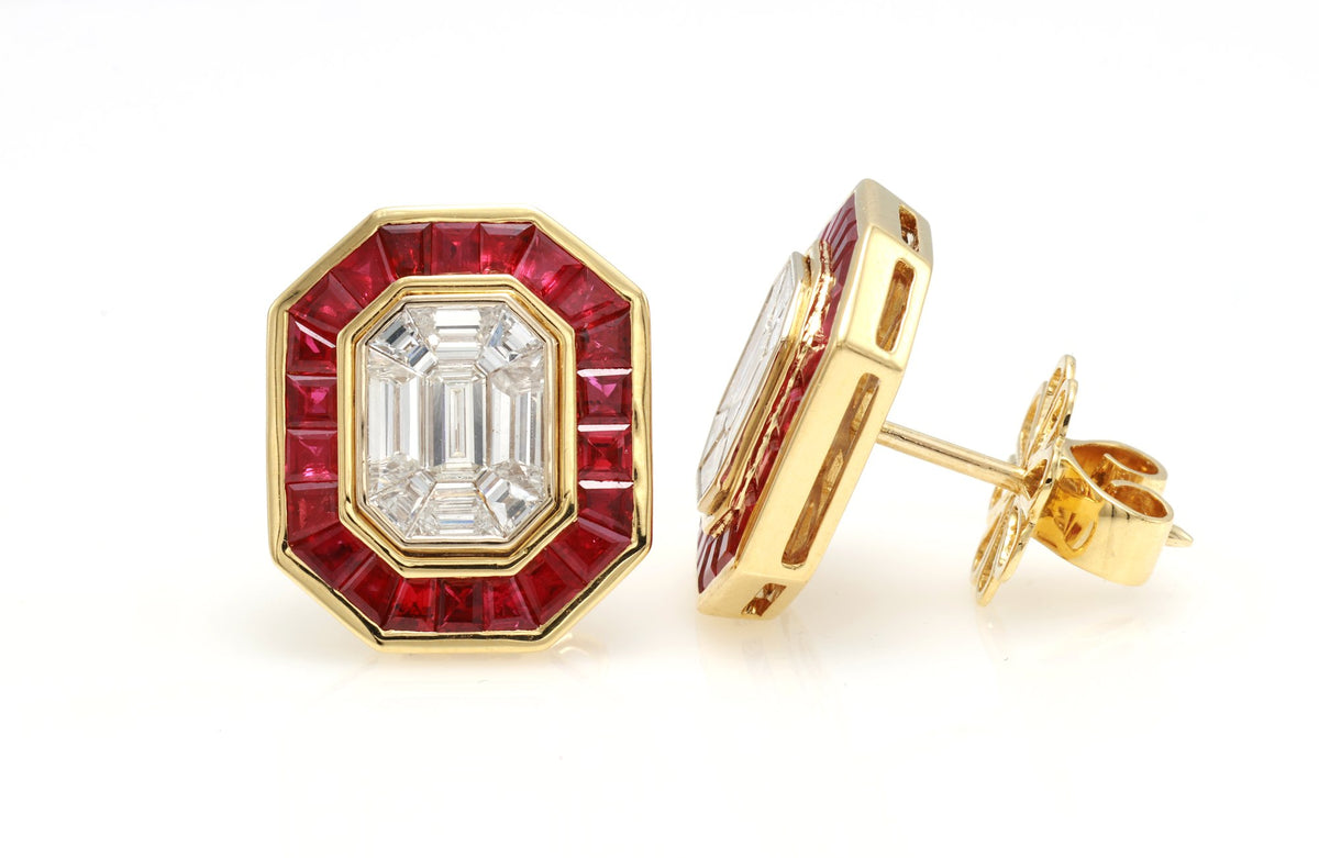 Pigeon Blood Ruby & Illusion Diamond Earrings in 18K yellow gold — view 4