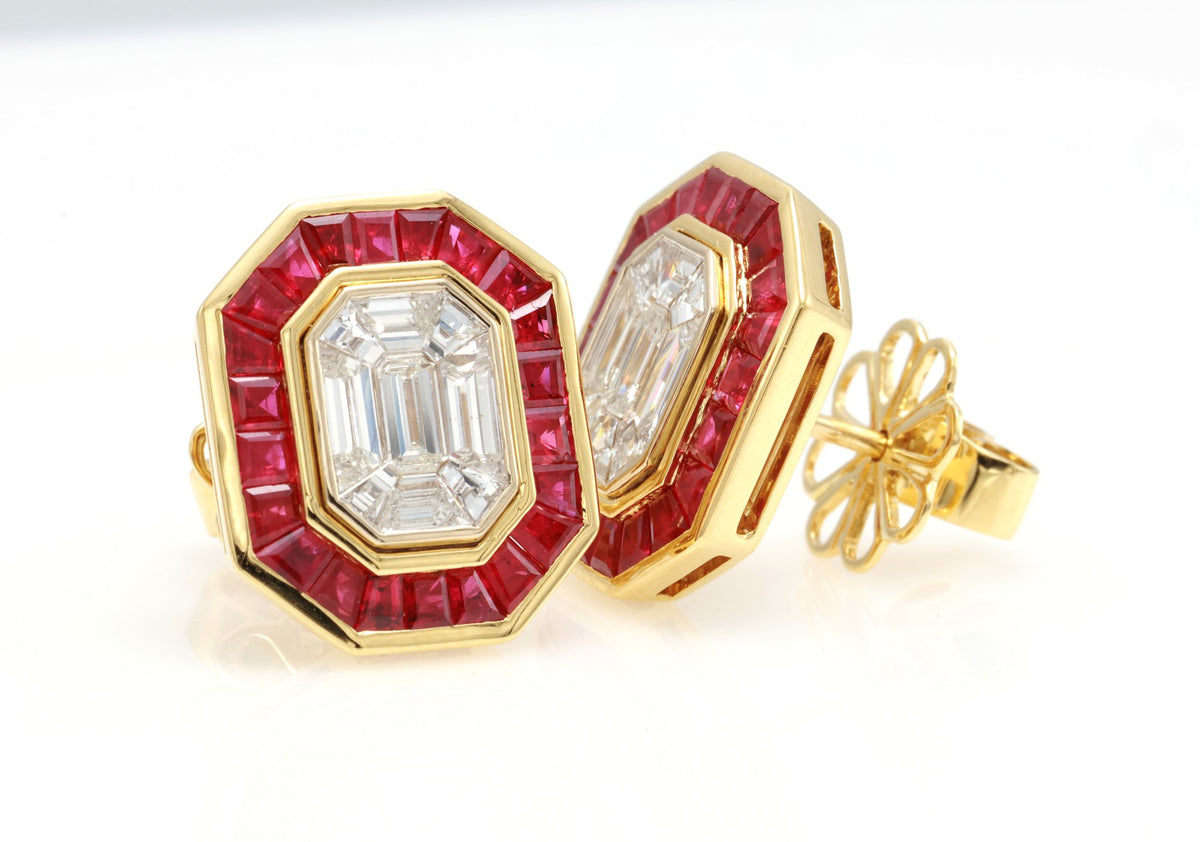 Pigeon Blood Ruby & Illusion Diamond Earrings in 18K yellow gold — view 5